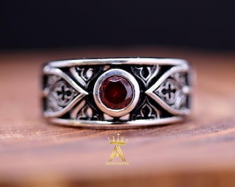 Gothic Cathedral window Garnet Ring Silver 925 Round Garnet