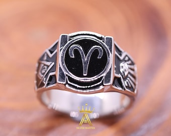 Aries Symbol Masonic Ring, Sterling Silver 925