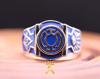 Blue Lantern Masonic Ring, Silver 925 Enamel Compass Eye
