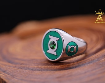 Silver Green Ring Green Lantern Green CZ Lantern Ring Silver 925 Green Lantern Green Enamel
