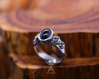 Anillo de rosa de ónix Anillo de plata rosa de ónix negro ovalado natural Plata 925 Anillo de ónix para mujer