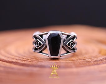 Coffin Black Onyx Gothic Door Ring Silver 925