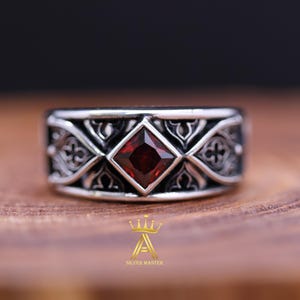 Garnet Gothic Cathedral Window Ring Red Garnet Silver 925