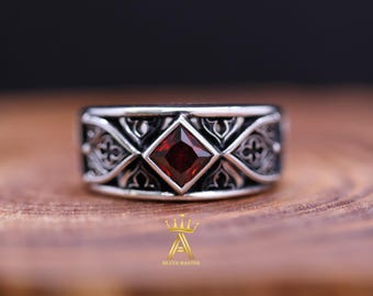 Garnet Gothic Cathedral Window Ring Red Garnet Silver 925