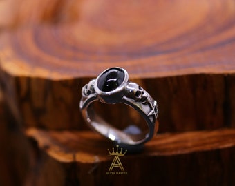 Anillo de calavera de ónix natural ovalado negro ónix calavera estrella anillo de plata plata 925