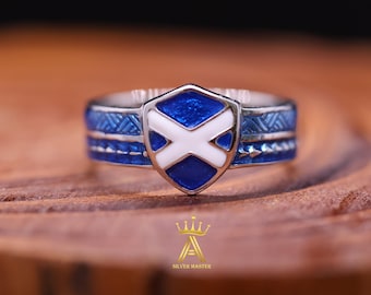 Blue Scotland Flag Saltire Ring Silver Blue Enamel Ring