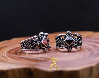 Gothic Art Fashion silver Ring Silver 925 Garnet Onyx Ring
