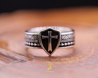 Silver Cross Ring Shield Ring Shield Cross Ring Silver 925 Black Shield Cross Ring