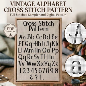 Klassisches Serifen Kreuzstich Alphabet PDF Muster, Buchstaben und Zahlen Stickschrift, klassische Schrift, mittlere Größe, Instant Download