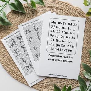 Pu&ograve; includere: Un modello di punto croce stampabile per un font decorativo. Il modello include tutte le lettere dell'alfabeto, i numeri e i segni di punteggiatura. Il font &egrave; uno script stilizzato con un tocco decorativo.