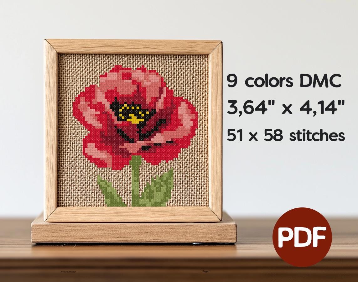 Poppy Floral Cross Stitch Pattern: Small Beginner Design (digital