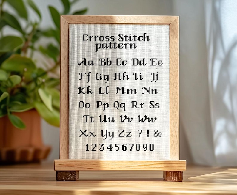 Pu&ograve; includere: Una cornice di legno con uno sfondo in tessuto bianco che mostra un motivo a punto croce dell'alfabeto e dei numeri. Il testo recita "Crross Stitch pattern" e include l'alfabeto da "Aa" a "Zz" e i numeri "1234567890".