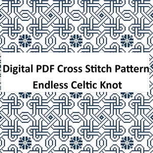 Może przedstawiać: Cyfrowy wzór na haft krzyżykowy w formacie PDF do nieskończonego węzła celtyckiego. Wzór zawiera powtarzający się geometryczny wzór na białym tle z ciemnoniebieskimi liniami.