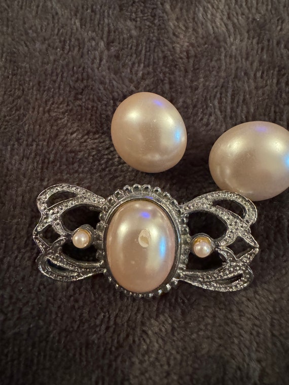Vintage silver and pearl pink earrings and pin set