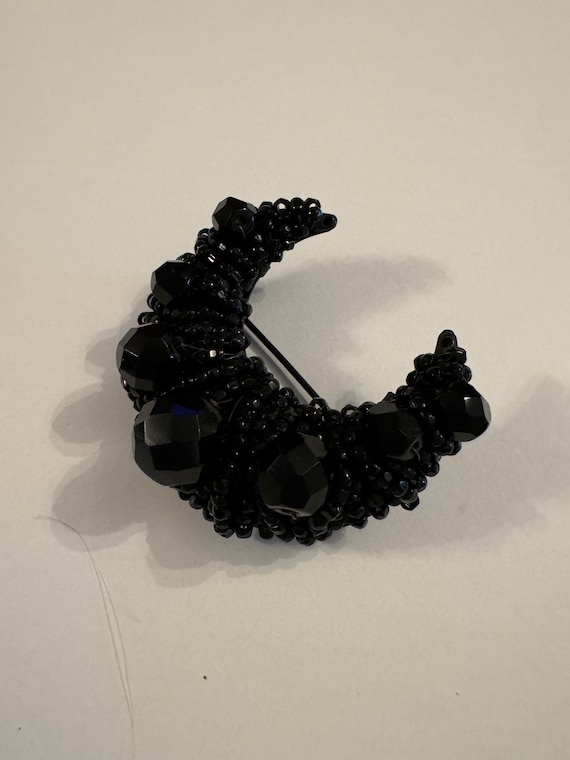 Vintage black beads crescent moon broach - image 1