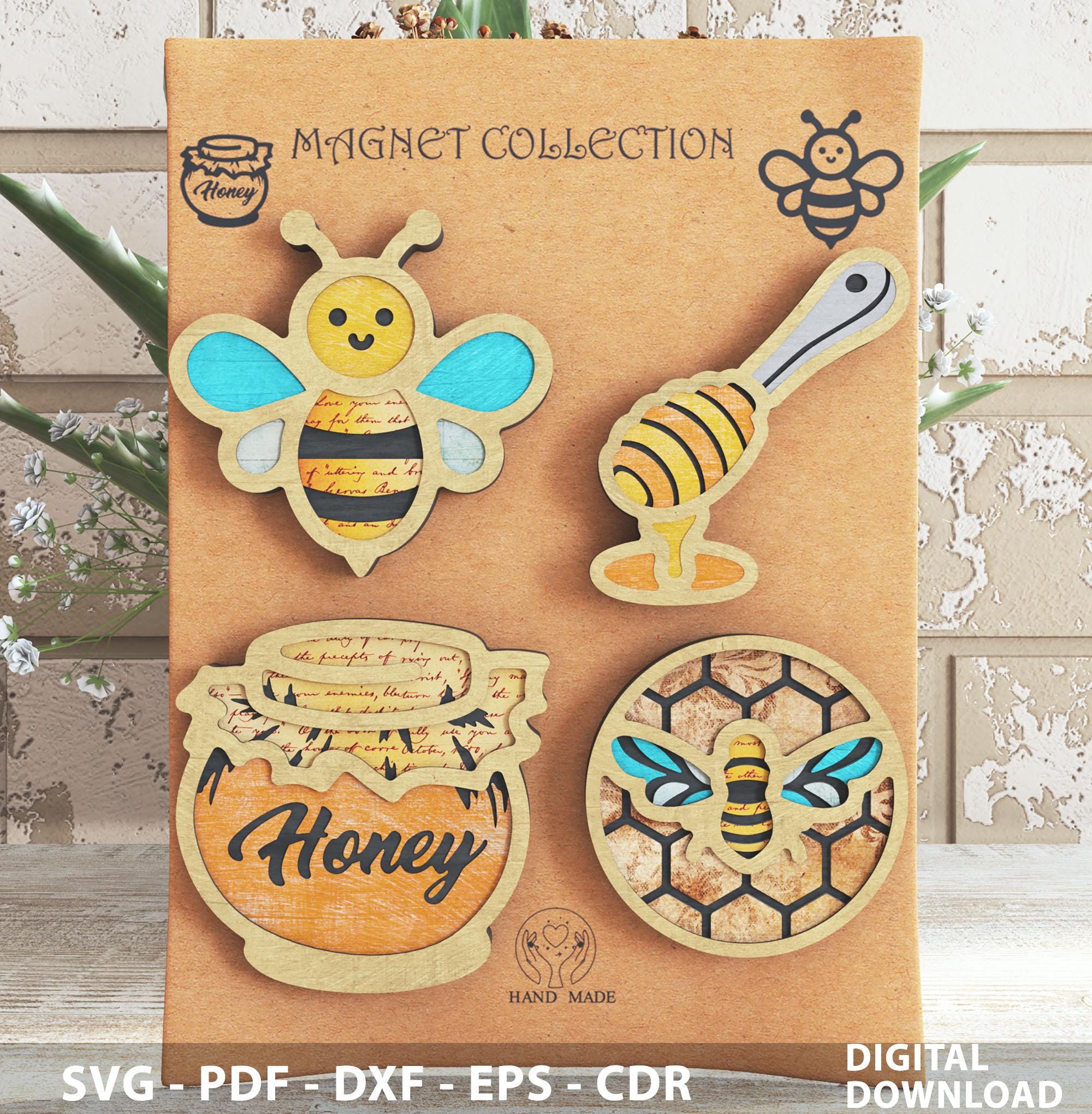 no.0445 ガーネットとクールなhoney Bee 一点物 Whimsical Bee Magnet SVG – Honeycomb & Honey Pot With Patterns