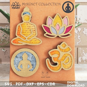 Bouddha Om Lotus SVG | Collection d'aimants zen | Lot de limes en bois découpées au laser
