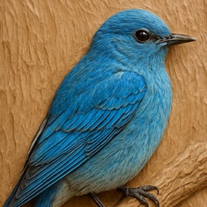 Può includere: Un vivace uccello blu con un occhio scuro e un becco appuntito appollaiato su un ramo marrone testurizzato. L'uccello presenta un piumaggio dettagliato nelle tonalità dell'azzurro e del cobalto, con zampe scure e sottili che stringono il legno.