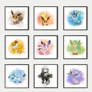 Eevee Eeveelutions Poster Set Of 9 Glitter, Pokemon Wall Art, Digital Poster, Instant Download, Kids Room Decor, Kids Gift