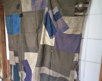 Boro Vintage Large Japanese Antique Textile (襤褸) | Indigo Sashiko Patchwork Fabric | One-of-a-Kind Wall Art