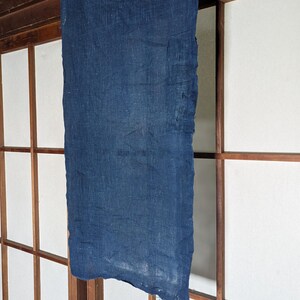 May include: A length of indigo-dyed fabric hangs vertically. The fabric has a textured appearance and is suspended in front of a traditional Japanese shoji screen with wooden frames and white paper panels. The fabric's edges are uneven.