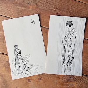 2 Stück Antike Vintage Japanische Retro Postkarte Kunst Einzelstück Decke Kimono Illustration Japan