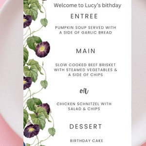Wildflower menu template, birthday, Garden party bridal shower menu, event menu, Wedding menu, Boho Modern Floral | INSTANT DOWNLOAD