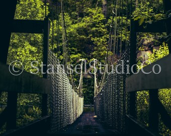 Impresión fotográfica de un puente colgante en un bosque exuberante: arte rústico natural (descarga digital)