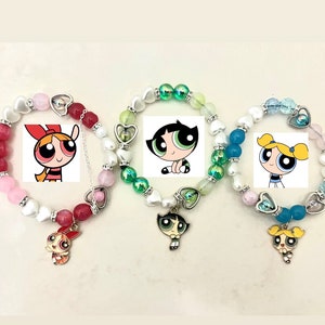 PowerPuff Girls Matching Friendship Beaded Bracelets Set, Bubbles, Blossom, Buttercup, Y2K, red, green, and blue, Handmade