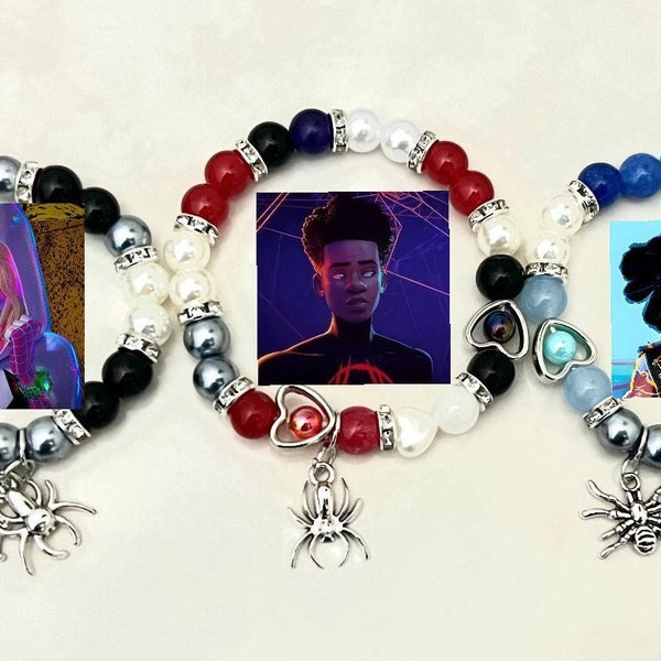 Spiderman Miles Morales, Gwen, Matching Beaded Bracelets Set of 3, Y2K aesthetics, Spiderwoman, and Spiderpunk, pink, blue, red, Handmade