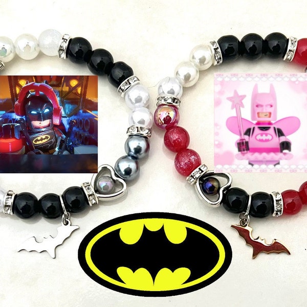 Lego Batman, Matching beaded bracelets, Set of two, Couples, Y2K aesthetic, Best friends, Black, Pink, White, Handmade
