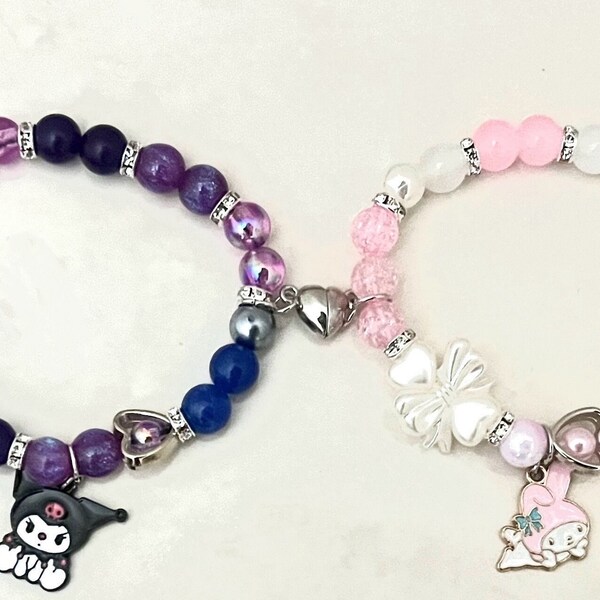 Kuromi and My Melody, Matching Beaded Bracelets set of 2, Pair Y2K aesthetic, pink, purple, him/her, Couples, Best friends, heart magnet