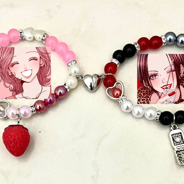 Nana anime Matching Beaded Bracelets Set, Hachi and Nana Osaki, Y2k Gift for Her, couples, red strawberry and Black bracelet, Heart