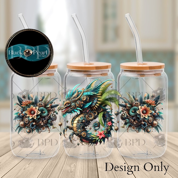 Steampunk Dragon PNG File for Custom Cake and DIY Project | Instant Download PNG File for 16oz Pop Can Glass with Steampunk Dragon Design