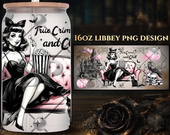 Vinilo PNG de Halloween rosa vintage de 16 oz / Envoltura de vaso True Crime and Chill / Descarga instantánea