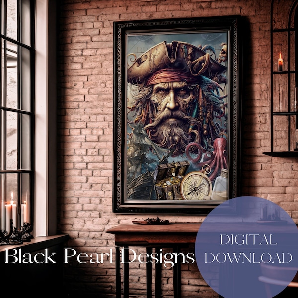 Pirate Adventure Artwork - Undead Captain Digital Print - Ocean Theme | Undead Pirate Warrior Artwork - Ocean Adventures - Wall Art