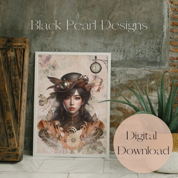 Digital print download Ai-generated steampunk wall art| Multiple formats included | Unique vintage-inspired home decor| Industrial floral