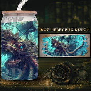May include: A 16oz Libbey glass can with a wooden lid and a straw. The glass features a detailed illustration of a sea monster with a ship on its back, in shades of blue, teal, and brown. The design includes the text "16oz Libbey PNG Design."