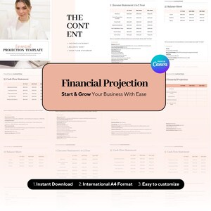 May include: A financial projection template with the text "Financial Projection" and "Start & Grow Your Business With Ease." The image includes income statements, balance sheets, and cash flow statements. Features include instant download, international A4 format, and easy customization.