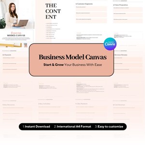 May include: A digital business model canvas with the text "Business Model Canvas" and "Start & Grow Your Business With Ease." The image includes sections for customer segments, value proposition, channels, and revenue streams. The image also includes the text "Instant Download", "International A4 Format", and "Easy to customize."