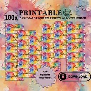 Può includere: Un set di 100 dashboard di tracciamento del budget in acquerello stampabili in olandese. I dashboard sono progettati in uno stile acquerello arcobaleno con una varietà di categorie, tra cui "Banca", "Stieltjes", "Mutuo", "Compleanno", "Scarpe", "Regalo", "Cena fuori", "Lusso", e altro ancora. Il testo "100x" e "+ 100 dashboard di budget corrispondenti" è visibile nell'immagine.