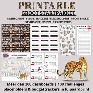 Può includere: Groot Startpakket stampabile con dashboard, tracker di budget, segnaposto e sfide di risparmio. Il design presenta un tema animalier leopardato. Include oltre 200 dashboard, 100 sfide e tracker di budget. L'immagine include un leopardo.