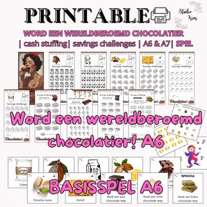 Op de afbeelding: Printbare A6- en A7-spaaruitdagingen met een chocoladethema. Het ontwerp bevat illustraties van chocolade, cacaobonen en andere gerelateerde items. Tekst bevat "Word een wereldberoemd chocolatier!" en "BASISSPEL A6".
