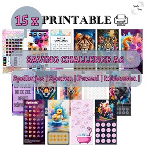 Könnte beinhalten: Eine Sammlung von 15 druckbaren Spar-Challenge-Blättern im A6-Format. Die Blätter zeigen verschiedene Designs, darunter Würfelspiele, Puzzles und Tierillustrationen. Text beinhaltet "Saving Challenge A6" und "Printable".