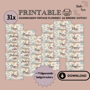 Puede incluir: Tableros de seguimiento de presupuesto imprimibles con diseños florales vintage. Los tableros están etiquetados con palabras holandesas para diferentes categorías, incluyendo "Vakantie" (vacaciones), "Hamstersen" (ahorros) y "Boodschappen" (comestibles). Hay 31 tableros en total, más 9 rastreadores de presupuesto adicionales.