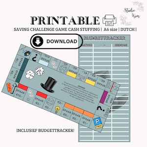 Puede incluir: Un juego de mesa imprimible en holandés para ahorrar dinero. El tablero del juego es azul y presenta una variedad de espacios con diferentes cantidades de dinero. El juego también incluye una hoja de seguimiento del presupuesto. El texto en el tablero dice "Spaar", que significa "Ahorrar" en holandés.