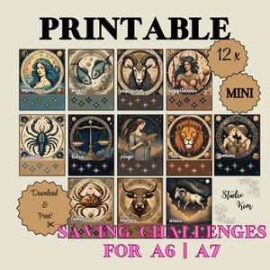 12 MINI savings challenges in vintage theme and zodiac signs. Suitable for cash stuffing in an A6 or A7 binder