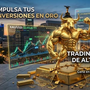 Puede incluir: Una estatua dorada de un toro musculoso se alza sobre una barra de oro, con gráficos financieros y un paisaje urbano de fondo. La imagen incluye el texto "IMPULSA TUS INVERSIONES EN ORO" y "TRADING AUTOMÁTICO DE ALTA PERFORMANCE".