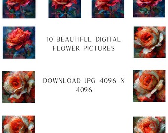 Hermosas flores - Conjunto de 10 JPG de alta calidad para descarga digital, medios mixtos, artesanía en papel digital