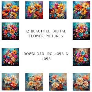 Beautiful Flowers - Set of 12 High-Quality JPGs for Digital Download, Mixed Media, Digital Papercraft